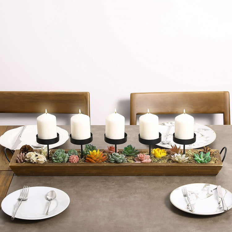 5-Pillar Black Metal Tabletop Candle Holder in Rustic Wood Tray with Handles