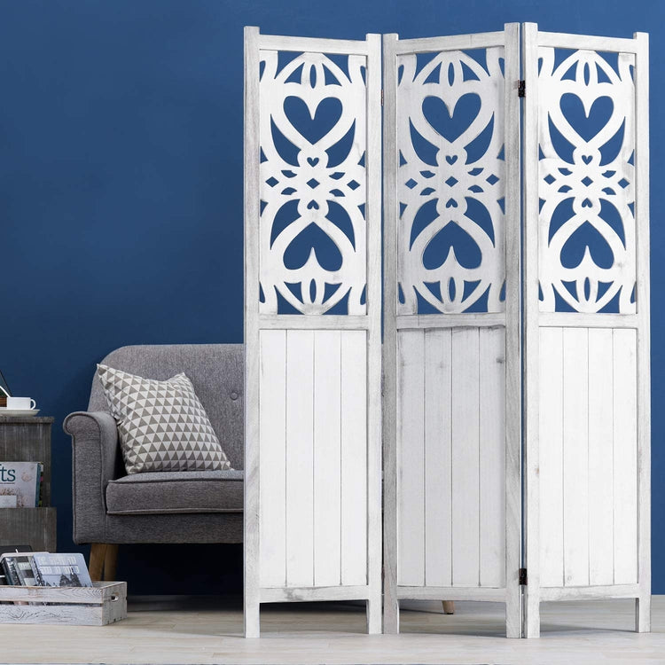3-Panel Decorative Vintage White Cutout Heart Design Room Divider