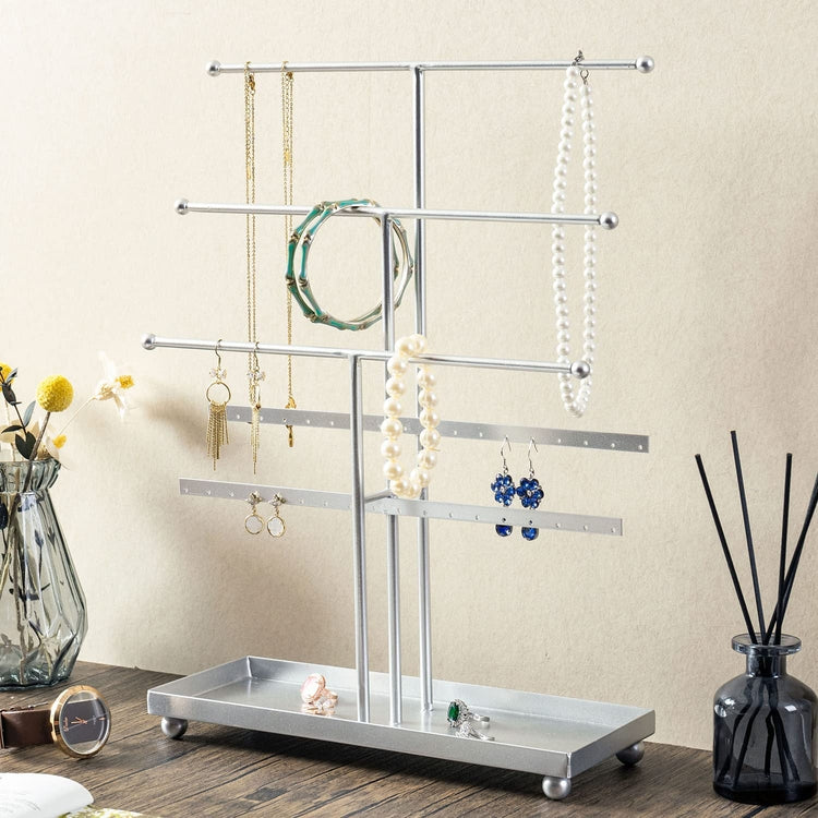 Tiered Silver Metal T Bar Jewelry Organizer Stand with Ring Tray, Necklace Hanger Bars, and Earring Rails