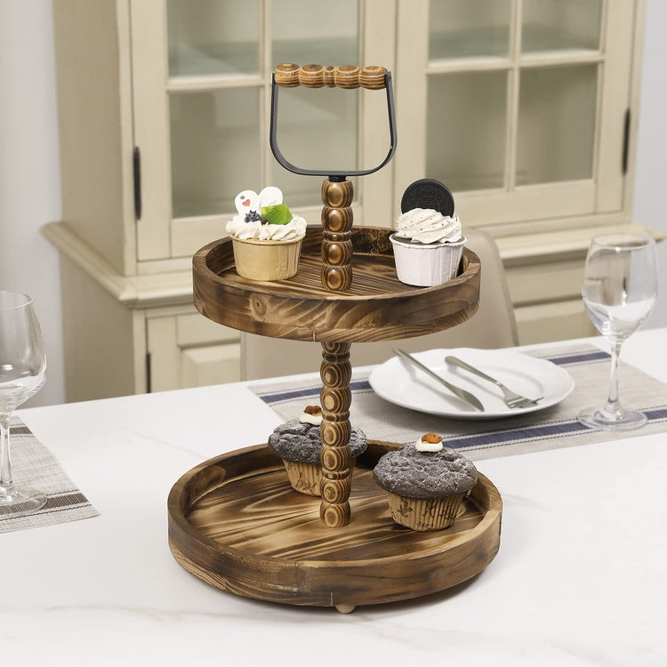 2-Tier Cupcake Stand, Dark Burnt Wood Round Rimmed Dessert and Appetizer Serving Tray Display Tower-MyGift