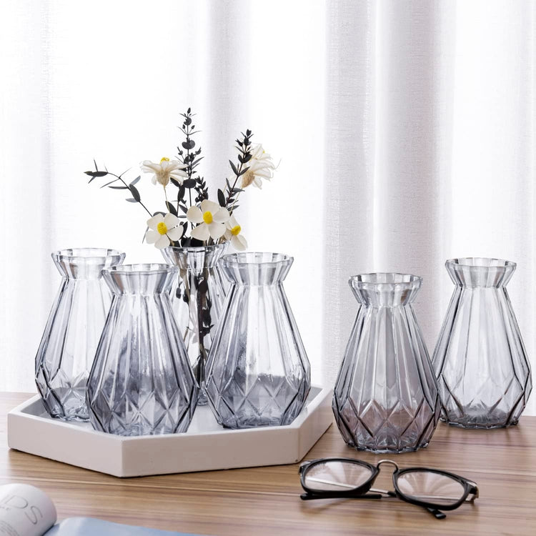 6 Inch Decorative Diamond-Faceted Clear Gray Glass Flower Vases, Set o –  MyGift