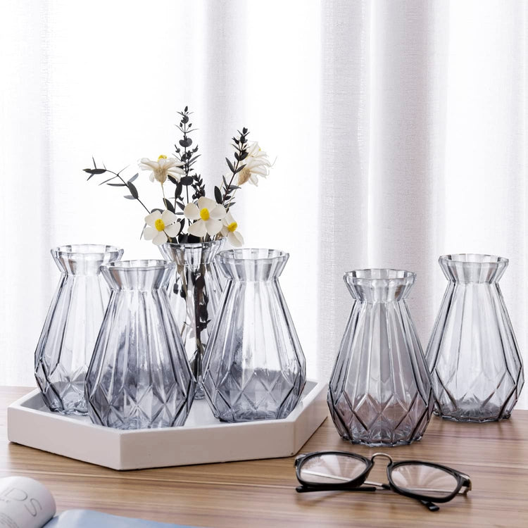 6 Inch Clear Gray Glass Diamond-Faceted Decorative Flower Vases Centerpiece Bud Floral Arrangements, Set of 6
