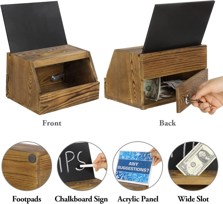 Brown Wood Donation Box with Lock, Suggestion or Tip Box with Window Panel, Chalkboard and Clear Acrylic Sign Holder-MyGift
