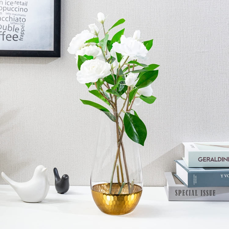 Clear Round Glass Vase with Tapered Top, Table Flower Vase with Gold-Tone Metal Hammered Base Accent-MyGift