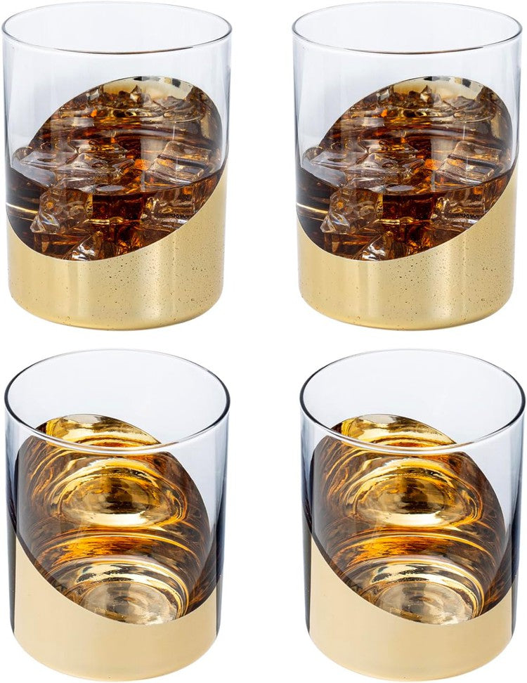 Brass Cocktail Glasses, Angled Dipped Design Whiskey Rocks Drinking Glass, Set of 4