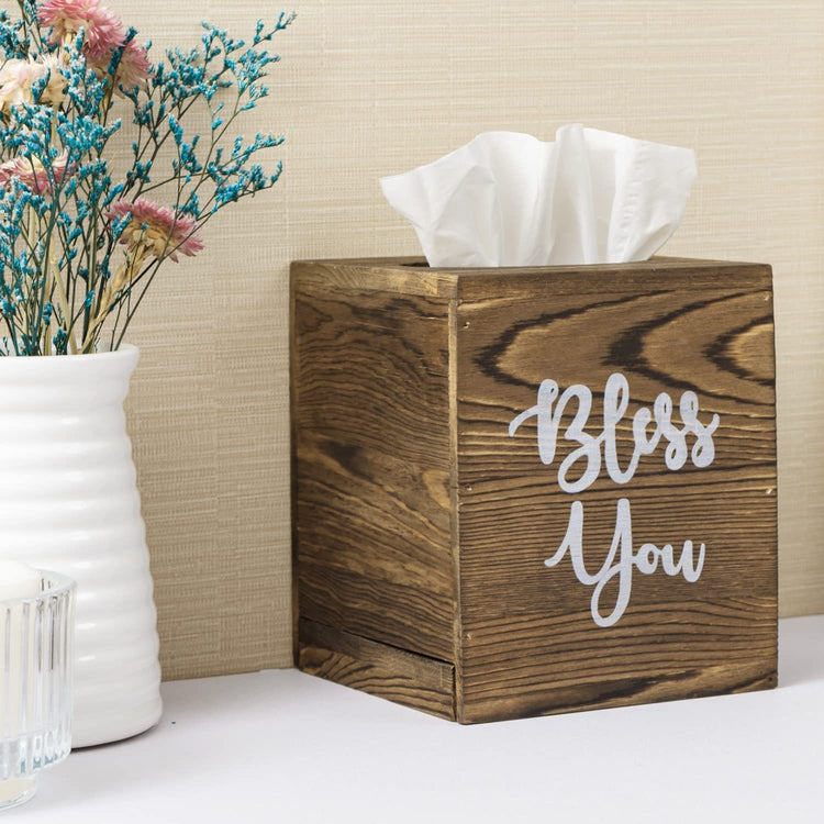 "Bless You" Vintage Weathered Gray Wood Square Tissue Box Holder Cover-MyGift