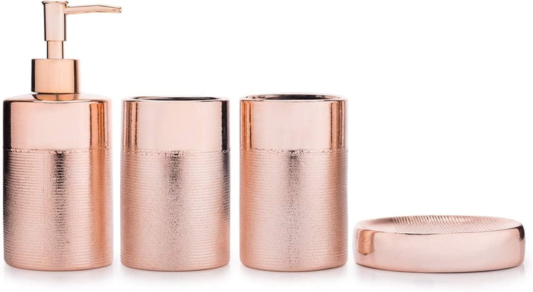 Rose Gold 4-Piece Textured Ceramic Bathroom Set with Soap Dish, Pump Dispenser, Toothbrush Holder & Tumbler-MyGift