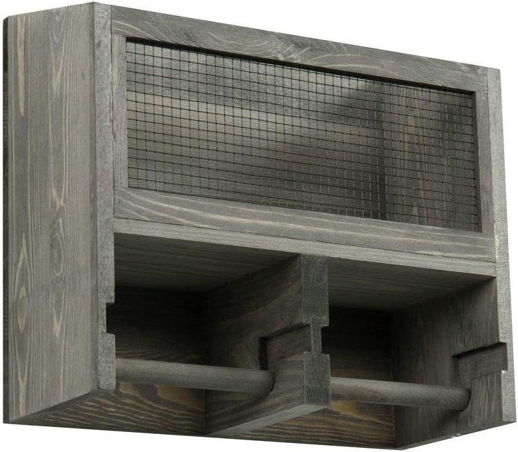 Vintage Gray Solid Wood and Metal Mesh Wall Mounted Dual Toilet Paper Roll Dispenser and Magazine Holder Basket-MyGift