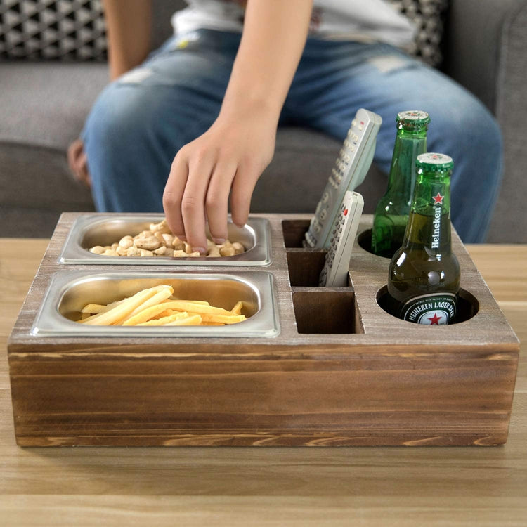 Whitewashed Wood Snacks Caddy Serving Crate Tray with 2 Cup Holders and 3 Remote Control Slots-MyGift