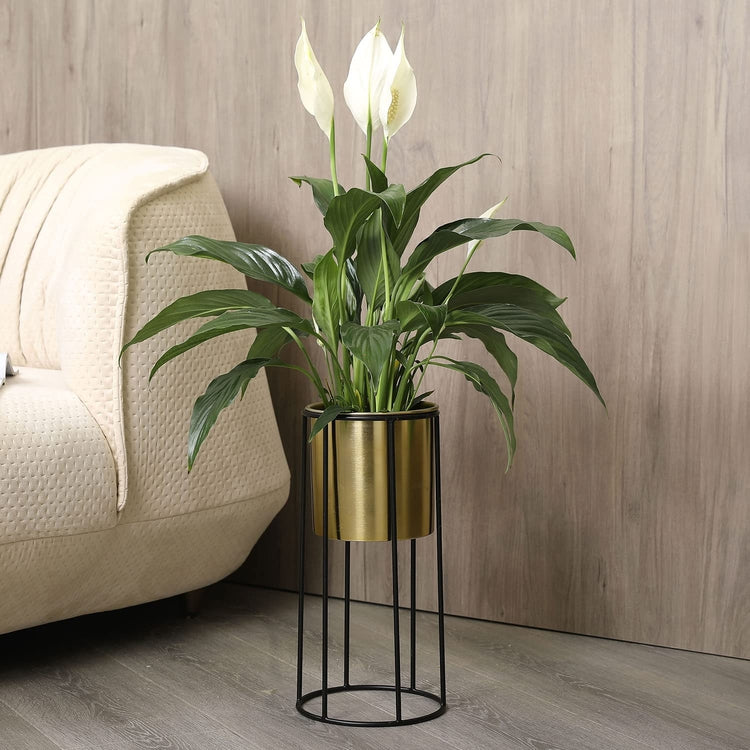 6 inch Modern Brass Tone Metal Flower Planter Pot with Industrial Black Metal Wire Display Stand-MyGift
