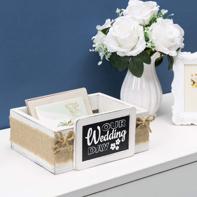 White Wood Tabletop Decorative Box, Gift Card Crate with Chalkboard Label and Rustic Burlap Wrap