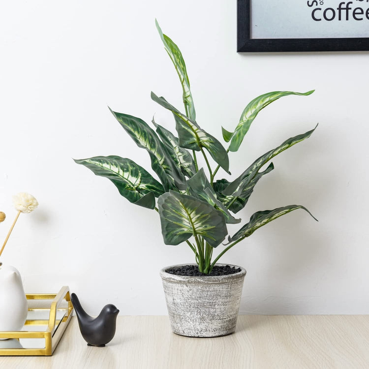 potted leaf plant 15-Inch Tabletop Artificial Green Leaf Plant Potted in Distressed Gray Plant Pot, Fake House Plant
