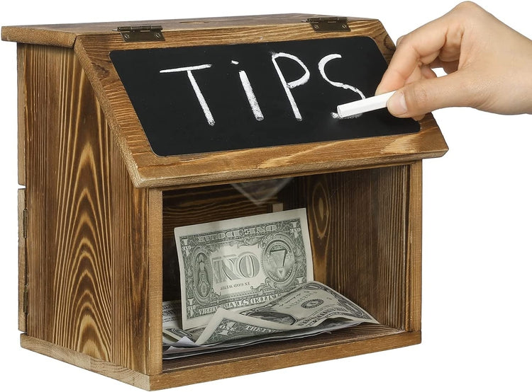 Burnt Wood Locking Suggestion Box with Chalkboard, Clear Front Panel and Top Slot, Restaurant Tip Box, Donation Box-MyGift