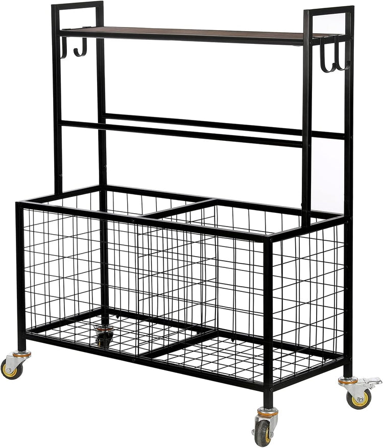 Black Metal and Burnt Wood Sports Ball Basket Cart, Gym Organizer Rack Trolley with Baskets, Hooks, and Caster Wheels-MyGift