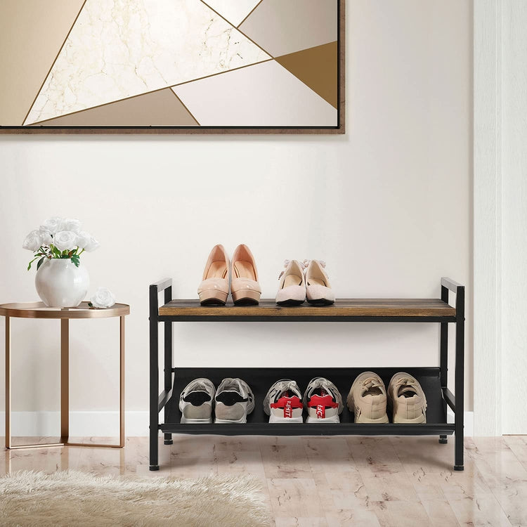 Burnt Wood and Black Metal Frame Entryway Bench Shoe Rack with Leatherette Footwear Sling
