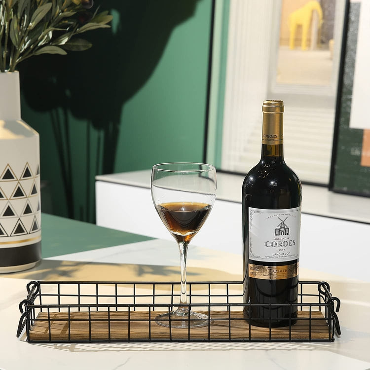 Burnt Brown Wood Rectangular Serving Basket Style Tray with Metal Wire Frame and Handles