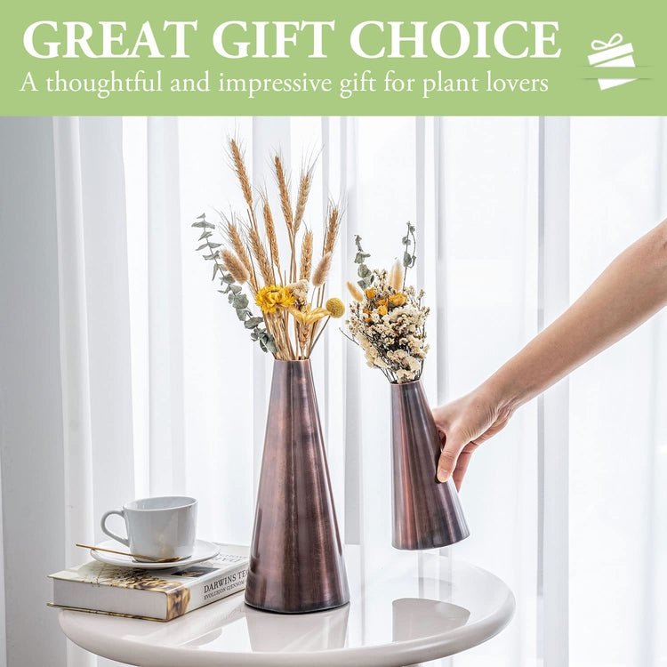 Copper Tone Metal Tapered Flower Vases, Handcrafted Decorative Tabletop Centerpiece for Floral Arrangements-MyGift
