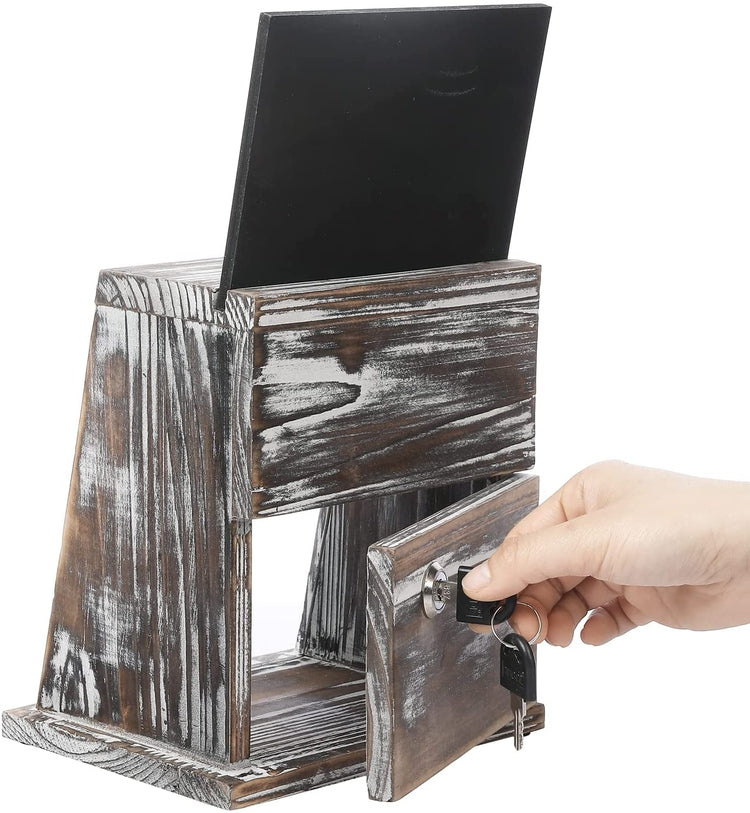 Torched Wood Donation Box with Lock, Tip Box, Suggestion Box with Chalkboard Sign and Clear Acrylic Sign Holder-MyGift