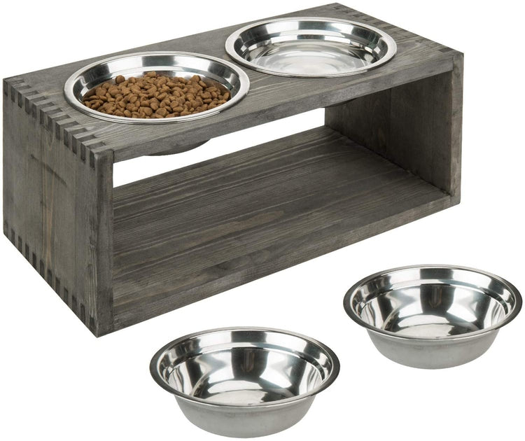 Gray Solid Wood Double Raised Pet Feeder for Small and Medium Size Pets, 4 Stainless Steel Bowls-MyGift