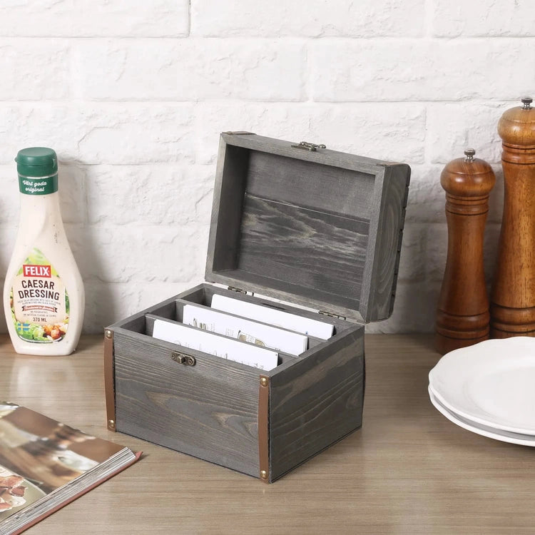 Wooden Recipe Card Holder Box, Gray Wood 3 Compartment Recipes Organizer Chest with Leatherette and Brass Accents-MyGift