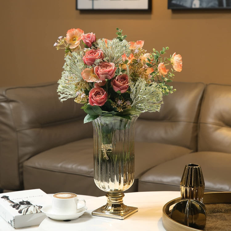 Brass Tone Gradient Ribbed Glass Flared Flower Vase Floral Arrangement Centerpiece