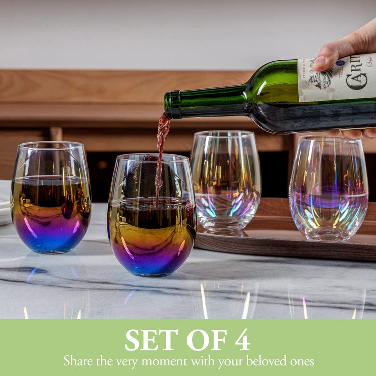 Set of 4, Iridescent Transparent Stemless Wine Glasses, Rainbow Colored Luster Clear Cocktail Drinking Glass Cups