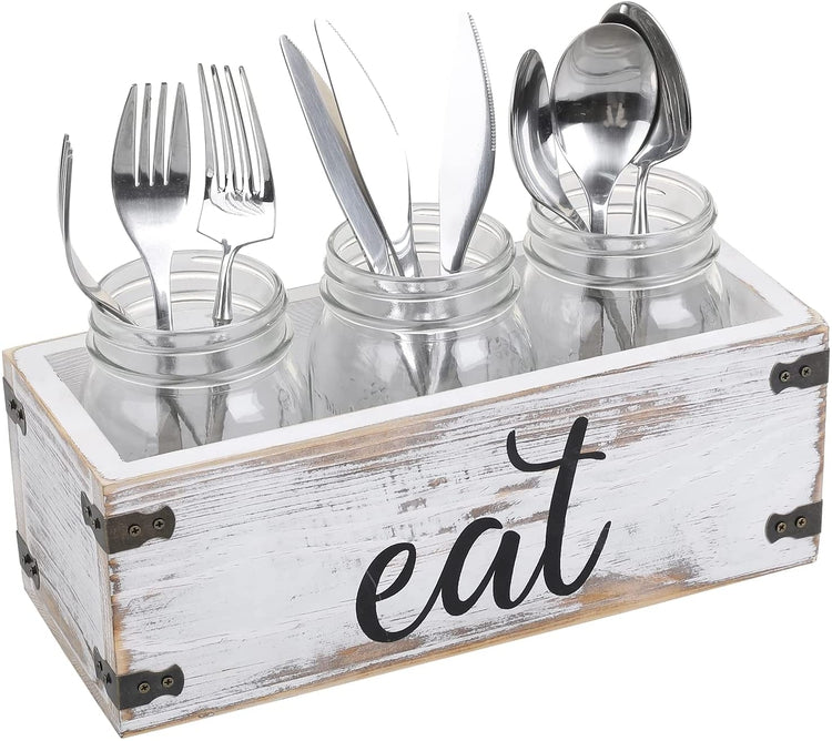 Whitewashed Wood and 3 Glass Mason Jar Dining Utensils Holder with "EAT" Cursive Writing Label