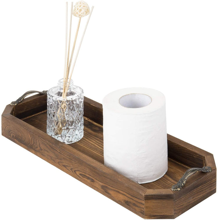 Dark Brown Wood Vanity Organizer, Octagonal Serving Tray with Antique Metal Handles-MyGift