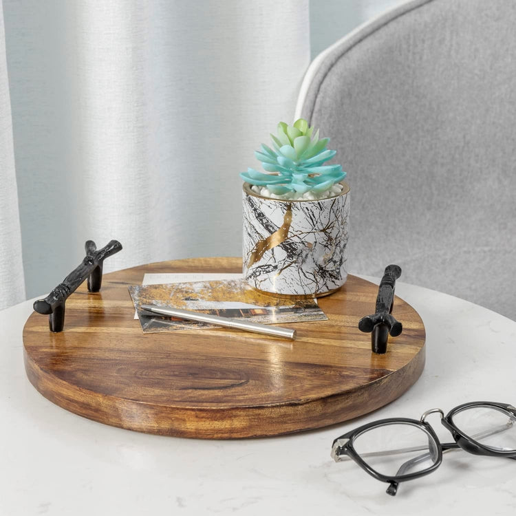 Burnt Brown Mango Wood Round Serving Tray Centerpiece with Cast Iron Branch Design Handles-MyGift
