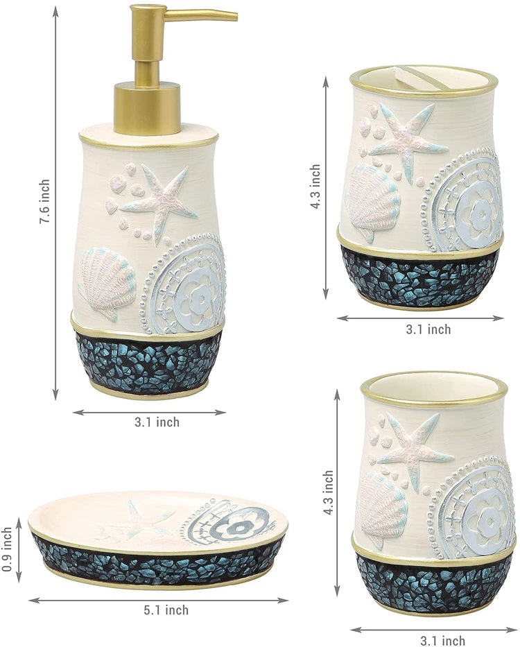 Coastal Style 4 Piece Bathroom Accessories Set with Embossed Seashell Starfish Design-MyGift