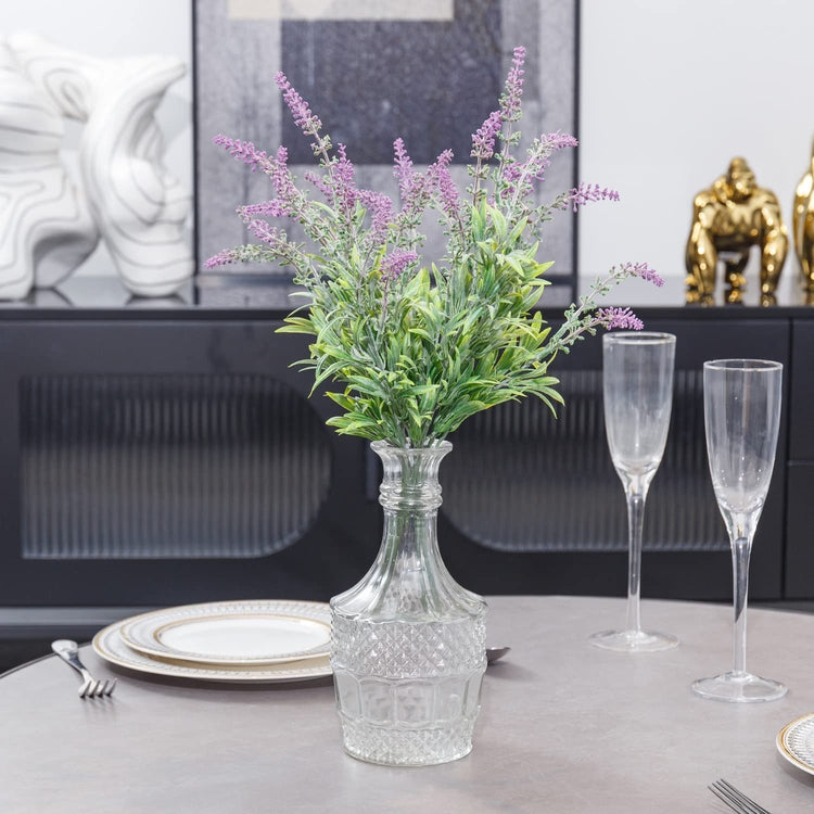 Mini Tabletop Faux Flowers Bouquet, Artificial Lavender Stems with Vintage Glass Vase-MyGift