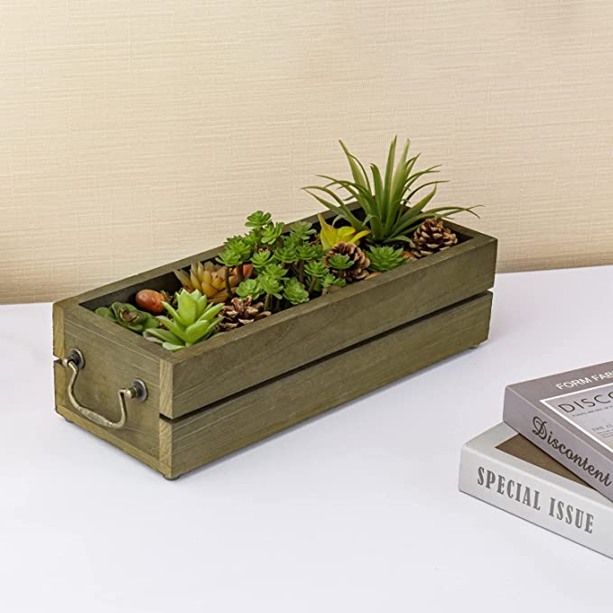 Artificial Succulent Plant in Brown Wood Planter, Tabletop Window Box Planter with Vintage Brass Metal Handles-MyGift