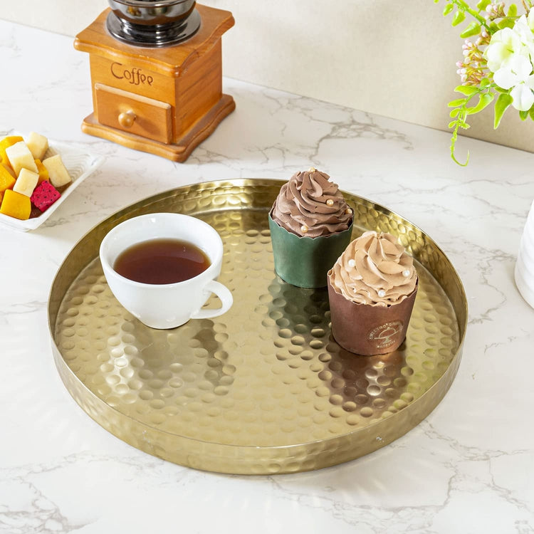 Hammered Brass Round Tray, Aluminum Plated Serving Display Platter, Centerpieces and Vanity Tray-MyGift