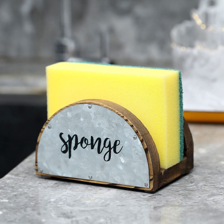 Burnt Wood Semicircle Kitchen Sponge Holder with Galvanized Metal and Black Sponge Cursive Lettering-MyGift