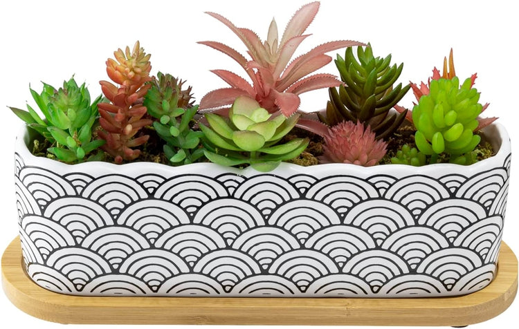 11 Inch Black and White Waves Scallop Edged Glazed Ceramic Planter with Bamboo Tray, Japanese Seigaiha Pattern-MyGift