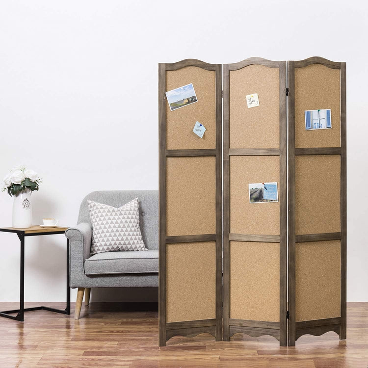 3-Panel Cork Board Room Divider with Brown Wood Frame