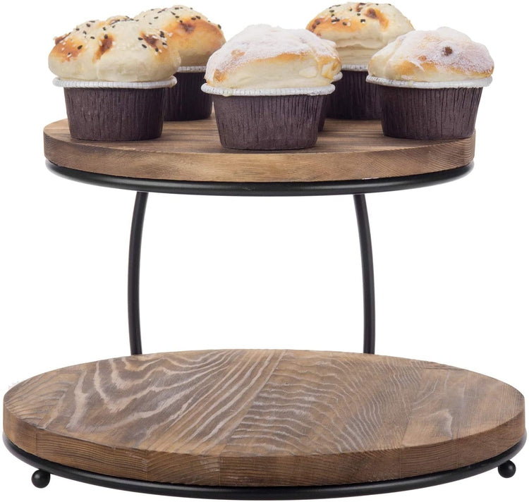 2-Tier Pizza Rack or Cake Stand with Burnt Wood Platform Trays, Cupcake Display Stand with Black Metal Frame-MyGift