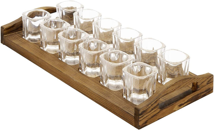 Burnt Brown Solid Wood Party Shots Serving Tray Set with 12 Shot Glasses and Cutout Handles-MyGift