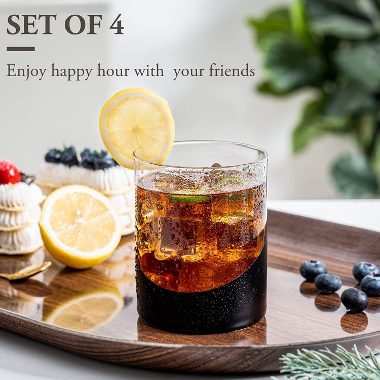 12 oz Matte Black and Gold Designer Cocktail Glasses, Double Old Fashioned Lowball Whiskey Drinking Glass, Set of 4