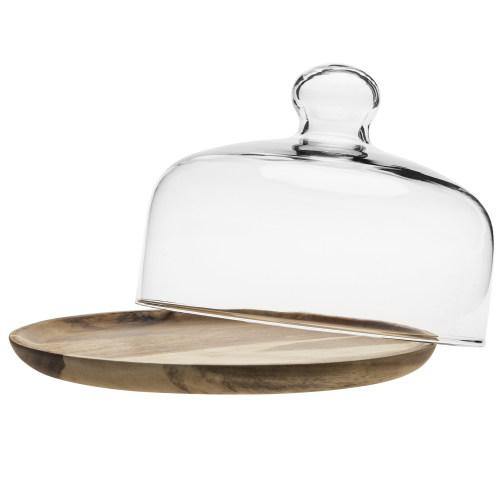 Glass Dessert/Cheese Cloche with Acacia Wood Tray, 7.5 Inch - MyGift