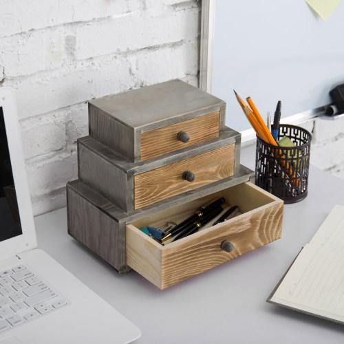 Rustic 3-Drawer Wood Desktop Organizer