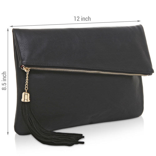 Black Foldover Clutch Purse w/ Tassel, Elegant Evening Handbag
