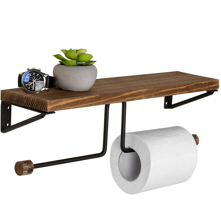 Wall-Mounted Burnt Wood & Black Metal Dual-Roll Toilet Paper Holder with 15-inch Shelf-MyGift