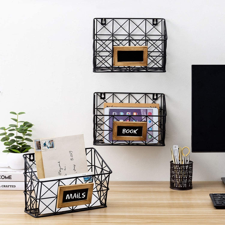 Set of 3, Wall Mounted Geometric Black Metal Wire Mail Storage Baskets with Wood Frame Chalkboard Labels-MyGift