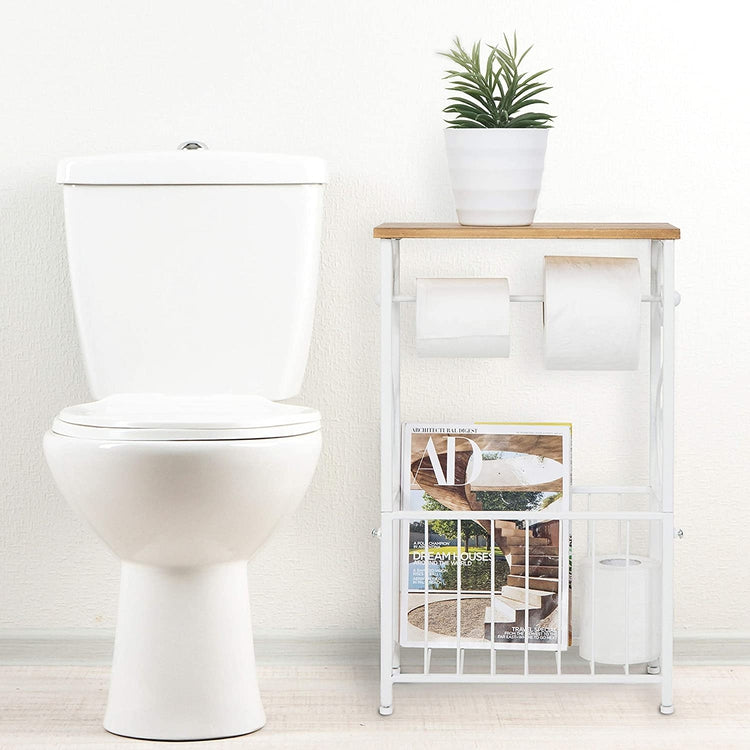 Brown Wood, White Metal Scroll Bathroom Storage Table with Dual Toilet Paper Dispenser and Magazine Rack