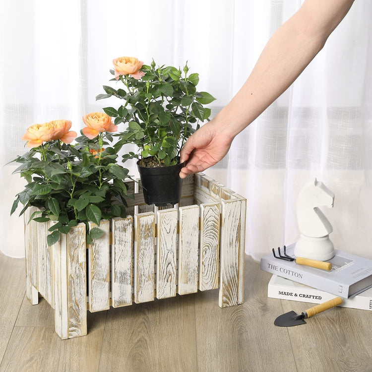 Whitewashed Wood Raised Planter Box, Decorative Slatted Trough Style Small Indoor Plant Crate-MyGift
