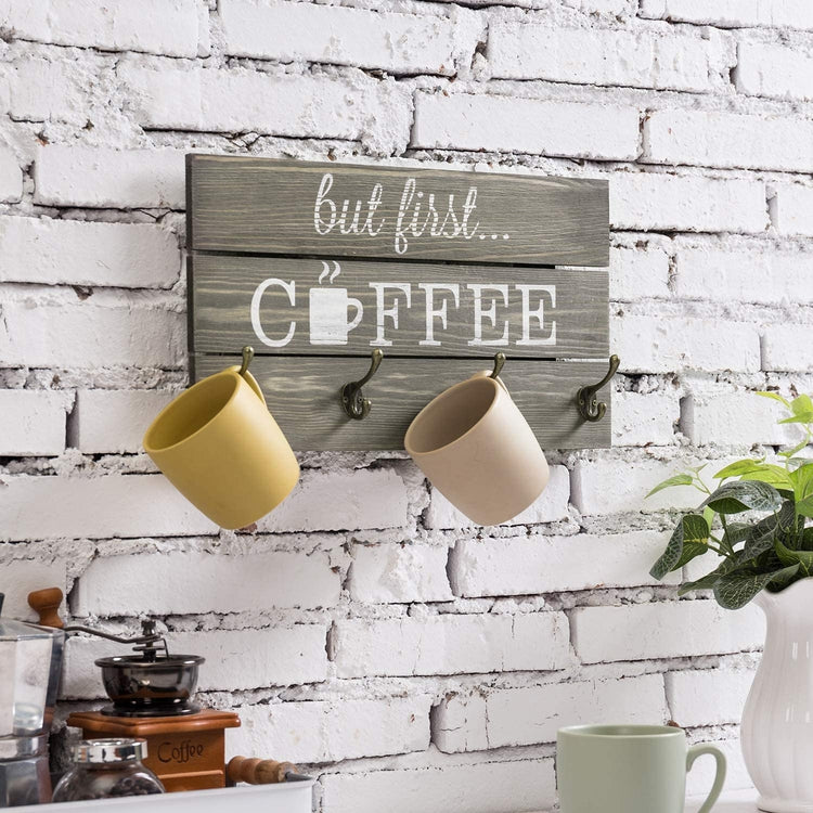8-Hook, ‘But First Coffee’ Gray Solid Wood Mug Storage Rack