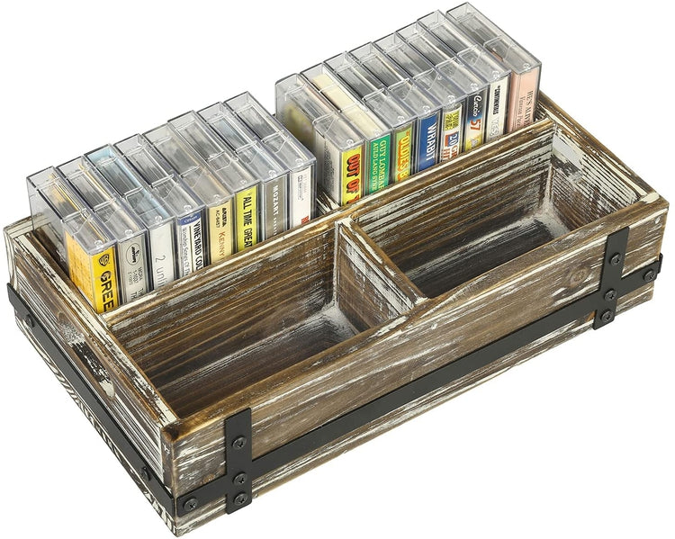 Torched Wood Retro Audio Cassette Tape Storage Box with Matte Black Metal Bracket Accents-MyGift
