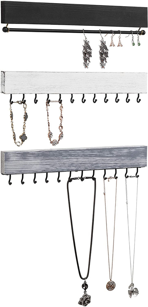 Set of 3 Jewelry Accessories Hook Organizer with Earring Bar, 12-inch Matte Black Metal & Rustic Wood Racks-MyGift