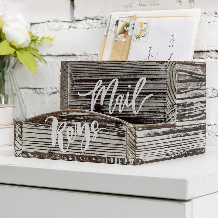 Torched Wood Tabletop Mail Organizer and Key Holder with Stylish Cursive Labels